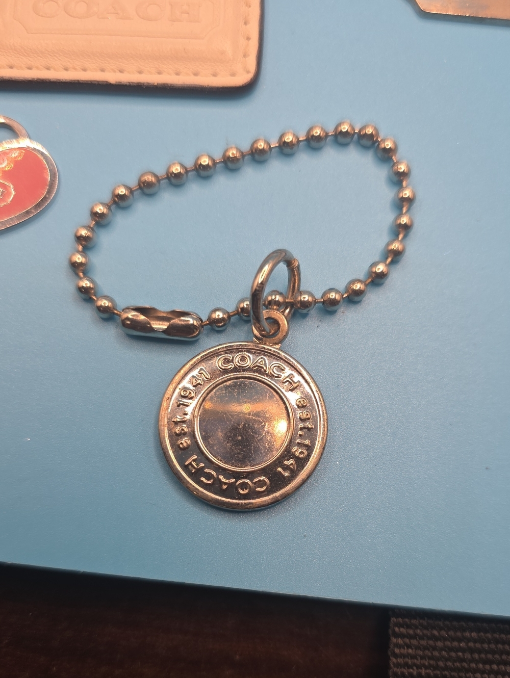 Coach Silver Ball Chain Logo Disc Bracelet